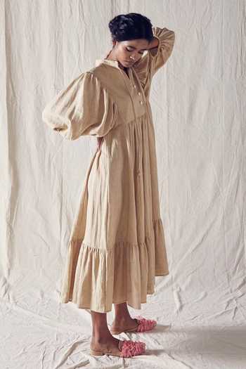 EK Katha_Beige Organic Cotton Notched Tiered Dress_Online_at_Aza_Fashions