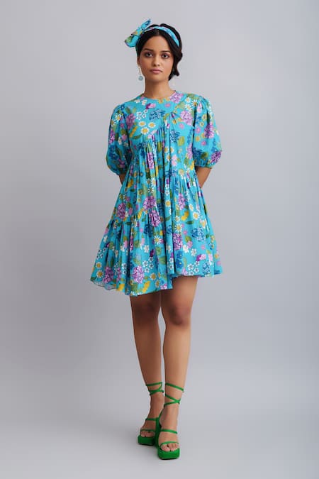 Buy_Nautanky_Blue 100% Cotton Floral Round Print Puff Sleeve Dress _Online_at_Aza_Fashions