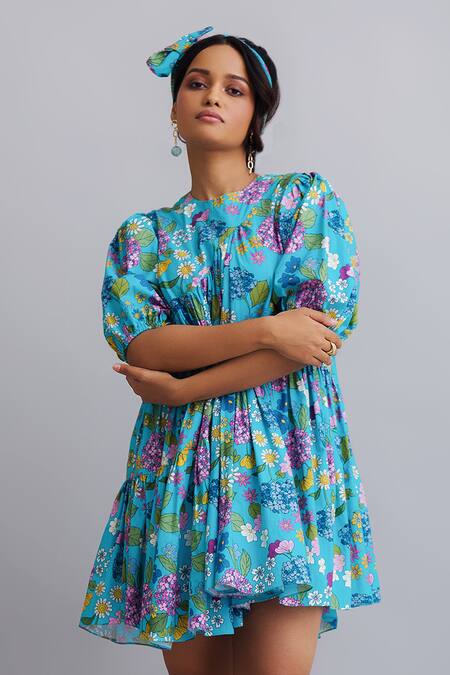 Shop_Nautanky_Blue 100% Cotton Floral Round Print Puff Sleeve Dress _Online_at_Aza_Fashions