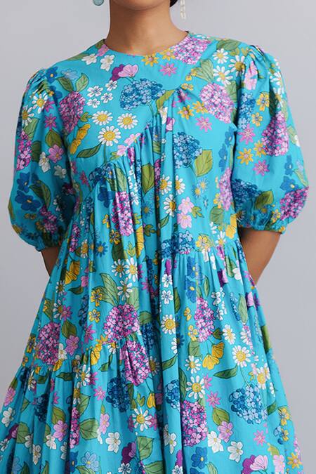Nautanky_Blue 100% Cotton Floral Round Print Puff Sleeve Dress _at_Aza_Fashions