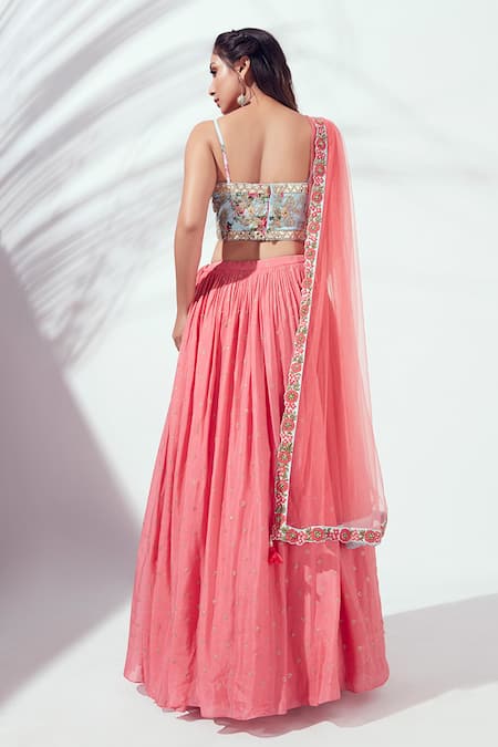 Shop Suruchi Parakh Peach Satin Silk, Georgette Crepe Print Floral Motif Embroidery Lehenga Set at Aza Fashions Shop_Suruchi Parakh_Peach Satin Silk, Georgette Crepe Print Floral Motif Embroidery Lehenga Set _at_Aza_Fashions