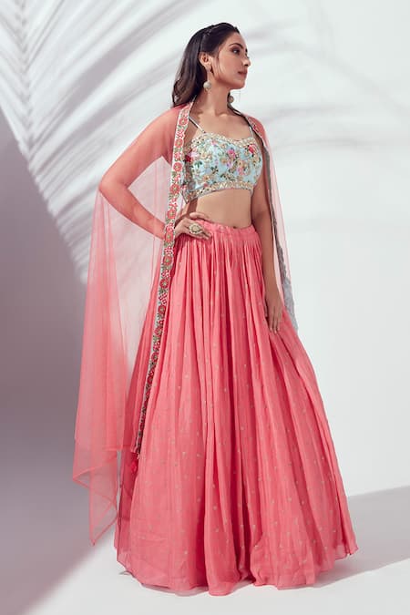 Suruchi Parakh Peach Satin Silk, Georgette Crepe Print Floral Motif Embroidery Lehenga Set Online at Aza Fashions Suruchi Parakh_Peach Satin Silk, Georgette Crepe Print Floral Motif Embroidery Lehenga Set _Online_at_Aza_Fashions