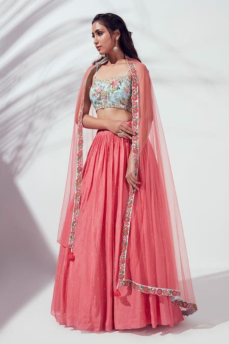 Buy Suruchi Parakh Peach Satin Silk, Georgette Crepe Print Floral Motif Embroidery Lehenga Set Online at Aza Fashions Buy_Suruchi Parakh_Peach Satin Silk, Georgette Crepe Print Floral Motif Embroidery Lehenga Set _Online_at_Aza_Fashions