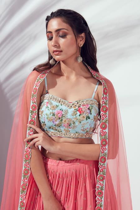 Shop Suruchi Parakh Peach Satin Silk, Georgette Crepe Print Floral Motif Embroidery Lehenga Set Online at Aza Fashions Shop_Suruchi Parakh_Peach Satin Silk, Georgette Crepe Print Floral Motif Embroidery Lehenga Set _Online_at_Aza_Fashions