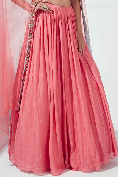 Suruchi Parakh Peach Satin Silk, Georgette Crepe Print Floral Motif Embroidery Lehenga Set at Aza Fashions Suruchi Parakh_Peach Satin Silk, Georgette Crepe Print Floral Motif Embroidery Lehenga Set _at_Aza_Fashions
