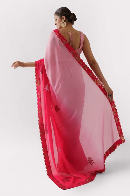 Shop Suruchi Parakh Red Georgette Floral Scoop Neck Scallop Saree With Embroidered Blouse at Aza Fashions Shop_Suruchi Parakh_Red Georgette Floral Scoop Neck Scallop Saree With Embroidered Blouse _at_Aza_Fashions