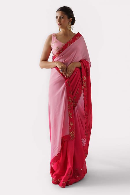 Suruchi Parakh Red Georgette Floral Scoop Neck Scallop Saree With Embroidered Blouse Online at Aza Fashions Suruchi Parakh_Red Georgette Floral Scoop Neck Scallop Saree With Embroidered Blouse _Online_at_Aza_Fashions