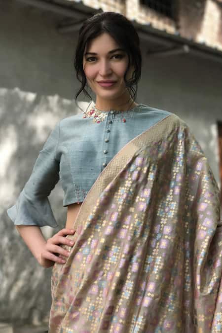 Shop_I Am Design_Beige Silk Ikat Print, Floral And Kantha Embroidery Round Saree With Blouse _Online_at_Aza_Fashions