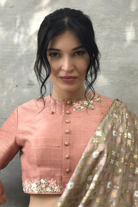 Shop_I Am Design_Beige Silk Ikat Print, Floral And Kantha Embroidery Saree With Placement Blouse _Online_at_Aza_Fashions