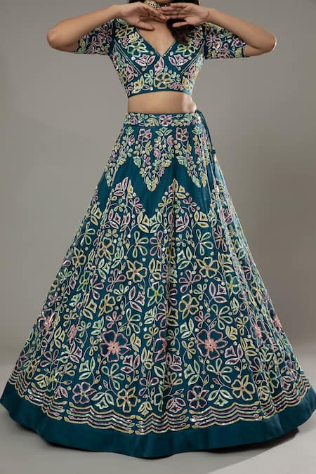 Shop_I Am Design_Blue Raw , Organza Blueberry Candy Embroidered Bridal Lehenga Set _Online_at_Aza_Fashions