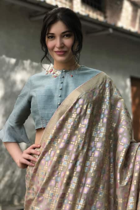 Shop_I Am Design_Beige Silk Ikat Print Saree _Online_at_Aza_Fashions