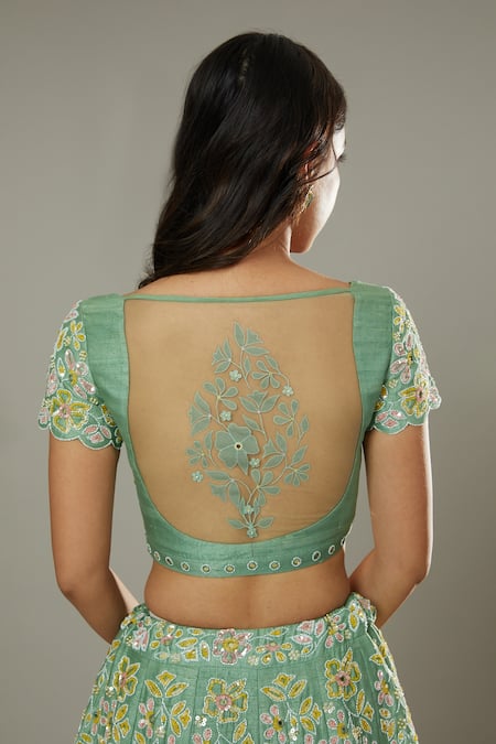 Shop_I Am Design_Green Raw , Organza Floral Apple Candy Embroidered Bridal Lehenga Set _Online_at_Aza_Fashions