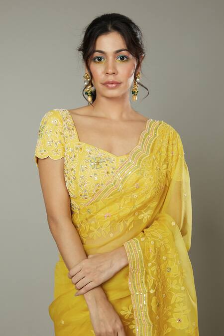 Shop I Am Design Yellow Silk Organza Floral Pattern, Sequins Mango Bite Candy Embroidered Saree Online at Aza Fashions Shop_I Am Design_Yellow Silk Organza Floral Pattern, Sequins Mango Bite Candy Embroidered Saree _Online_at_Aza_Fashions