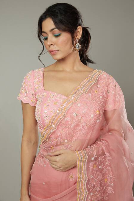 Shop_I Am Design_Pink Silk Organza Floral Pattern, Sequins Cutdana Candy Floss Embroidered Saree _Online_at_Aza_Fashions