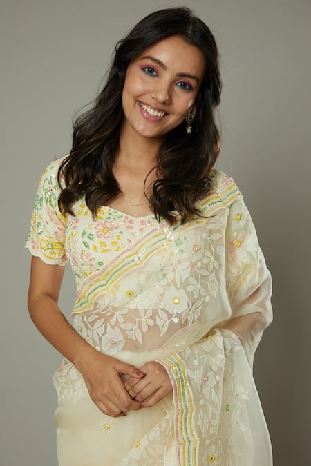 Shop I Am Design Ivory Silk Organza Floral Pattern, Sequins French Vanilla Embroidered Saree Online at Aza Fashions Shop_I Am Design_Ivory Silk Organza Floral Pattern, Sequins French Vanilla Embroidered Saree _Online_at_Aza_Fashions