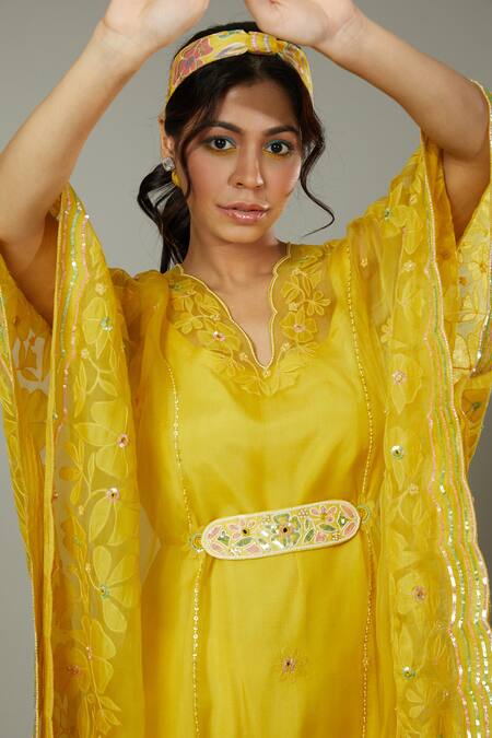Buy_I Am Design_Yellow Silk Organza Floral Appliques, Mango Bite Candy Kaftan And Pant Set _Online_at_Aza_Fashions