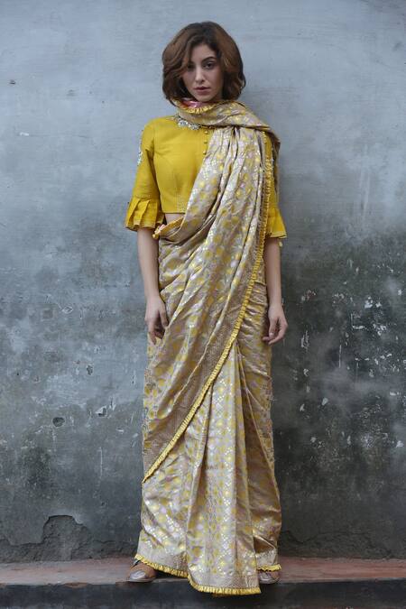 I Am Design_Beige Silk Ikat Print Saree _Online_at_Aza_Fashions