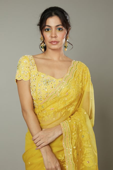 Buy_I Am Design_Yellow Raw , Organza Floral Mango Bite Candy Embroidered Saree Set _Online_at_Aza_Fashions