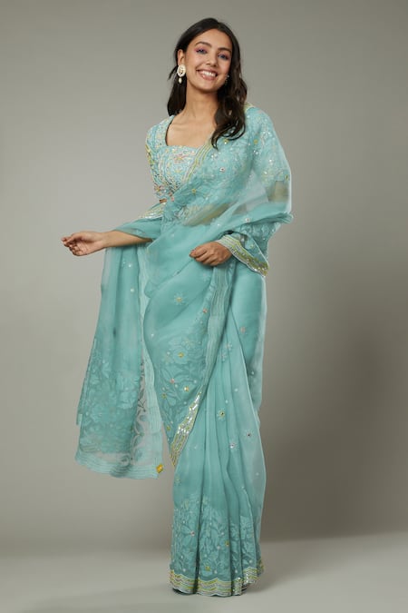 Shop_I Am Design_Blue Raw , Organza Floral Peppermint Candy Embroidered Saree Set _Online_at_Aza_Fashions