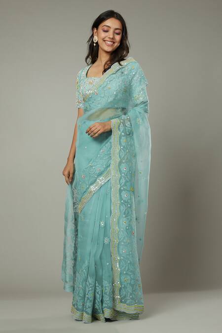 Shop I Am Design Blue Silk Organza Floral Pattern, Sequins Peppermint Candy Embroidered Saree Online at Aza Fashions Shop_I Am Design_Blue Silk Organza Floral Pattern, Sequins Peppermint Candy Embroidered Saree _Online_at_Aza_Fashions