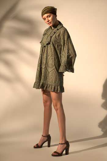 Buy_Nikita Mhaisalkar_Green Silk Lace Mandarin Collar Schiffli Dress 