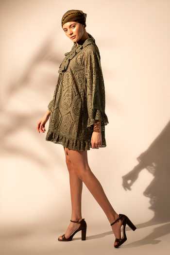 Nikita Mhaisalkar_Green Silk Lace Mandarin Collar Schiffli Dress _Online_at_Aza_Fashions