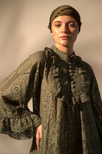 Buy_Nikita Mhaisalkar_Green Silk Lace Mandarin Collar Schiffli Dress _Online_at_Aza_Fashions