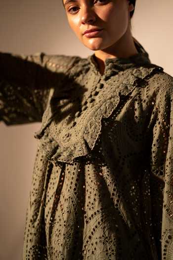 Shop_Nikita Mhaisalkar_Green Silk Lace Mandarin Collar Schiffli Dress _Online_at_Aza_Fashions