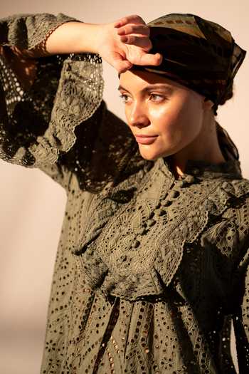 Nikita Mhaisalkar_Green Silk Lace Mandarin Collar Schiffli Dress _at_Aza_Fashions