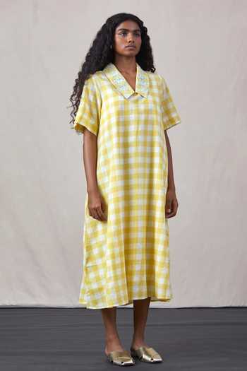 Buy The Summer House Yellow Cotton Embroidery Collared Navvi Handwoven Dress Online at Aza Fashions Buy_The Summer House_Yellow Cotton Embroidery Collared Navvi Handwoven Dress_Online_at_Aza_Fashions