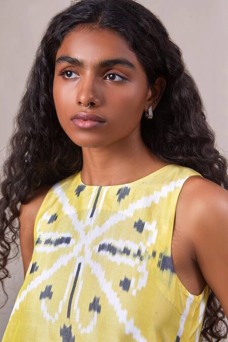 Shop_The Summer House_Yellow Silk, Cotton Round Neck Kalai Woven Dress_Online_at_Aza_Fashions