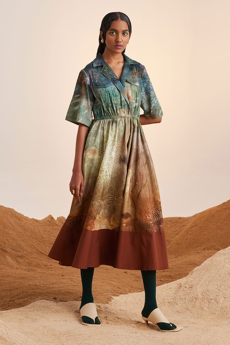 Buy_Cord_Blue Cotton Collared Underwater Print Dress_Online_at_Aza_Fashions