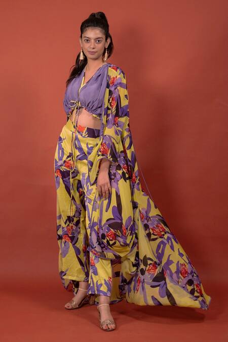 Shop_Rimi Nayak_Yellow Organza Open Neck Chanderi Pine Flower Draped Overlay _Online_at_Aza_Fashions