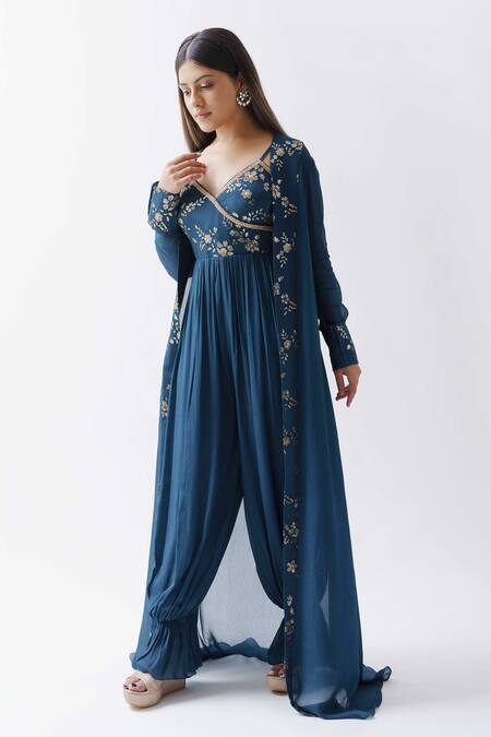 Suruchi Parakh Blue Georgette Lining Shantoon Sequin V Neck Jumpsuit With Jacket Online at Aza Fashions Suruchi Parakh_Blue Georgette Lining Shantoon Sequin V Neck Jumpsuit With Jacket _Online_at_Aza_Fashions