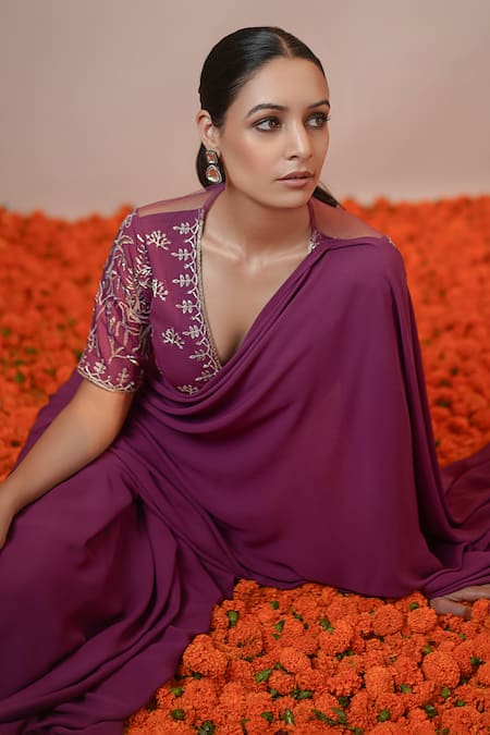 Rashi Jain_Purple Viscose Georgette Thread And Zari Work Jamun Saree With Embroidered Blouse _Online_at_Aza_Fashions