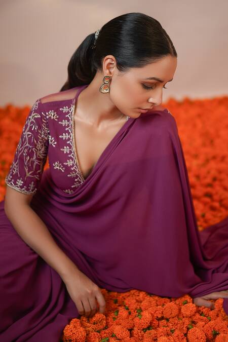 Buy_Rashi Jain_Purple Viscose Georgette Thread And Zari Work Jamun Saree With Embroidered Blouse _Online_at_Aza_Fashions