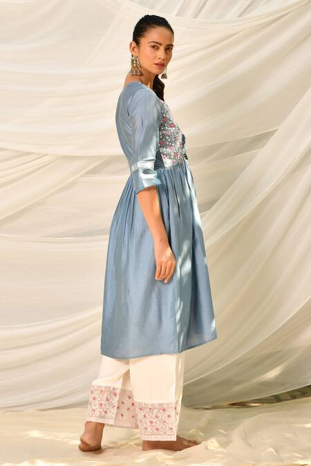 Seher Jaipur_Blue Kurta Silk, Organza Lining Zoe Embroidered And Palazzo Set_Online_at_Aza_Fashions