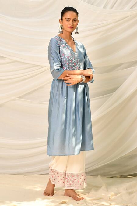 Buy_Seher Jaipur_Blue Kurta Silk, Organza Lining Zoe Embroidered And Palazzo Set_Online_at_Aza_Fashions