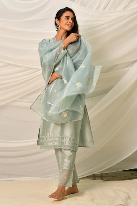 Buy_Seher Jaipur_Blue Cotton Silk,  Dupatta Floral V Meher Embroidered Kurta Set _Online_at_Aza_Fashions