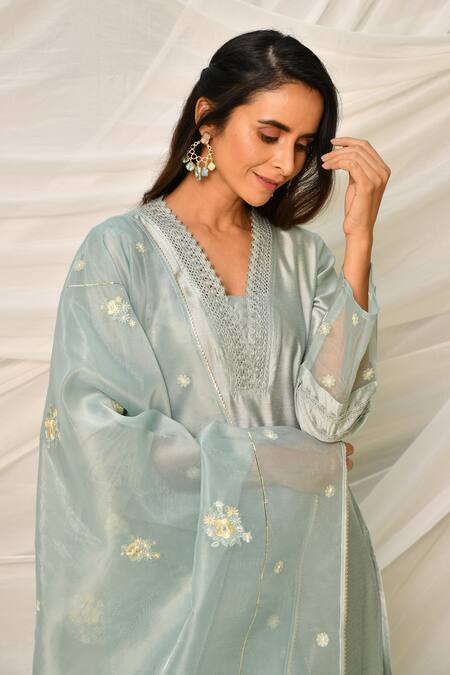 Shop_Seher Jaipur_Blue Cotton Silk,  Dupatta Floral V Meher Embroidered Kurta Set _Online_at_Aza_Fashions