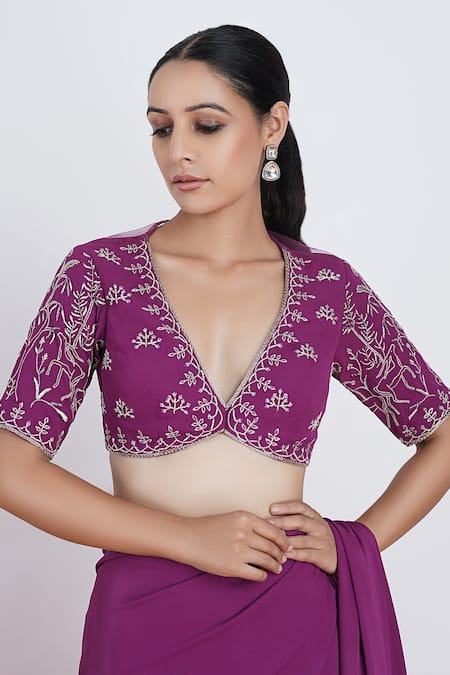 Shop_Rashi Jain_Purple Viscose Georgette Thread And Zari Work Jamun Saree With Embroidered Blouse _Online_at_Aza_Fashions