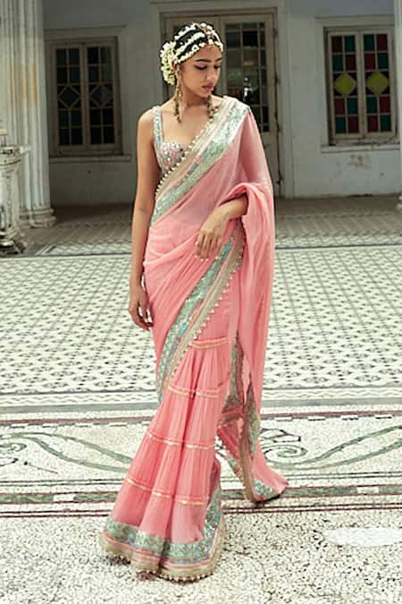 Gopi Vaid_Pink Georgette And Tussar Silk Gota Work, Lace, Imroz Pre-draped Saree With Blouse_Online_at_Aza_Fashions