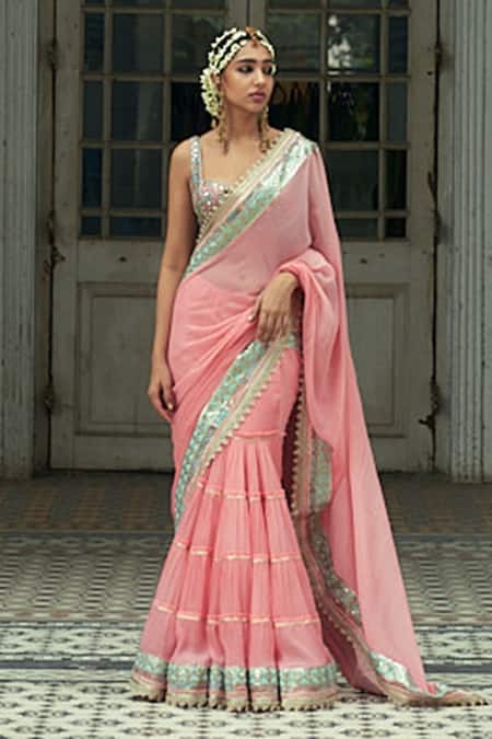 Buy_Gopi Vaid_Pink Georgette And Tussar Silk Gota Work, Lace, Imroz Pre-draped Saree With Blouse_Online_at_Aza_Fashions