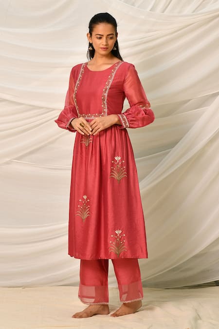Buy_Seher Jaipur_Maroon Floral Round Teej Embroidered Kurta And Palazzo Set_Online_at_Aza_Fashions