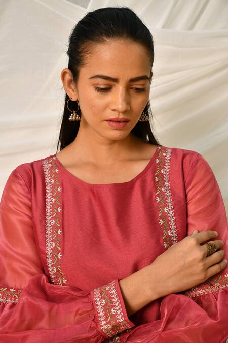 Shop_Seher Jaipur_Maroon Floral Round Teej Embroidered Kurta And Palazzo Set_Online_at_Aza_Fashions