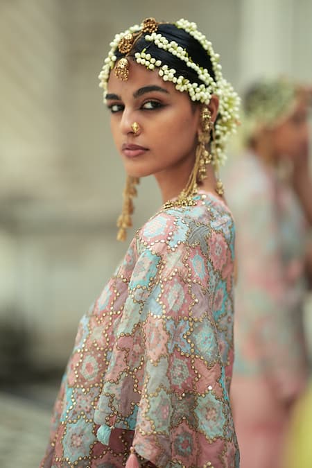 Gopi Vaid_Pink Tussar Silk Geometric Print And Mirror Arsh Cape Style Tunic & Sharara Set _Online_at_Aza_Fashions