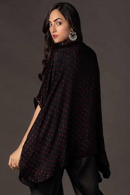 Shop Twenty Nine Black Gajji Silk High Neck Collar Asymmetric Bandhani Top at Aza Fashions Shop_Twenty Nine_Black Gajji Silk High Neck Collar Asymmetric Bandhani Top _at_Aza_Fashions