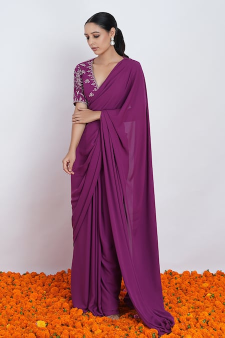 Rashi Jain_Purple Viscose Georgette Thread And Zari Work Jamun Saree With Embroidered Blouse _at_Aza_Fashions