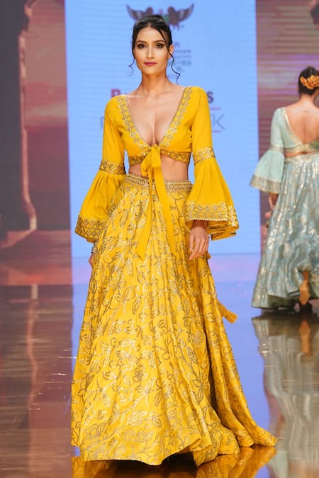 Buy_Gopi Vaid_Yellow Skirt Tussar Silk, Top Crepe Floral, Gota Aqueedat And Victorian Set _Online_at_Aza_Fashions
