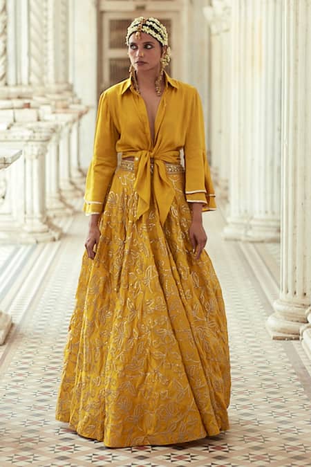 Shop_Gopi Vaid_Yellow Skirt Tussar Silk, Top Crepe Floral, Gota Aqueedat And Victorian Set _Online_at_Aza_Fashions